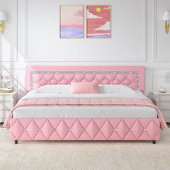 Queen Bed Frame with Diamond Headboard, Faux Leather Upholstered Platform Bed, Mattress Foundation, No Box Spring Needed, Easy Assembly, Pink