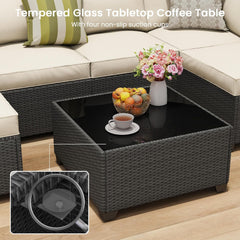 7 Piece Outdoor Patio Furniture Set, Outdoor Sectional Furniture, Rattan & Wicker Modern Modular Conversation Set Sofa Couch W/Water Resistant Washable Thick Cushions and Coffee Table, Coffee/Beige