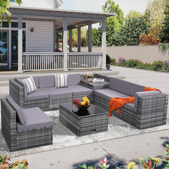 6-Piece Outdoor Patio Furniture Set - Sectional Sofa, Dining Table & Chairs Included, All-Weather Dining Set with Ottoman, Grey Wicker and Grey Cushions