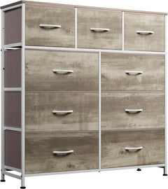 9-Drawer Dresser, Fabric Storage Tower for Bedroom, Hallway, Entryway, Closet, Tall Chest Organizer Unit with Fabric Bins, Steel Frame, Wood Top, Easy Pull Handle, Rustic Brown Wood Grain Print