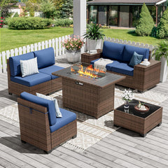 Patio Furniture Sets, 7 Pieces Outdoor Rattan Sectional Sofa Set with Glass Table and Cushions, Wicker Patio Conversation Set for Outdoor Indoor Backyard Lawn Garden Porch (Grey)
