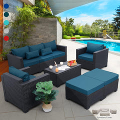 6 Pieces Patio Wicker Furniture Set Outdoor PE Rattan Conversation Couch Sectional Chair Sofa Set with Royal Blue Cushions
