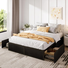 Full Platform Bed Frame with 2 Large Storage Drawers, Rustic Wood and Metal, Noise-Free, Easy Assembly, No Box Spring Needed, Black