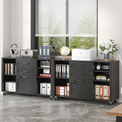 3 Drawer Wood Lateral File Cabinet with Lock, Rolling Mobile Filing Cabinet with Open Storage Shelves, Printer Stand Office Storage Cabinet for Home Office Fits Files Legal/A4 Size, Black