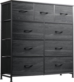 9-Drawer Dresser, Fabric Storage Tower for Bedroom, Hallway, Entryway, Closet, Tall Chest Organizer Unit with Fabric Bins, Steel Frame, Wood Top, Easy Pull Handle, Rustic Brown Wood Grain Print