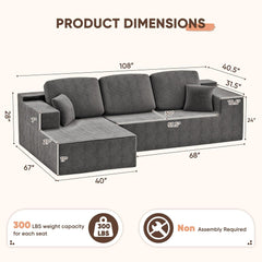 108" Modular Sectional Sofa with L-Shaped Chaise, Upholstered Cloud Couch with Deep Seat, No Assembly Required for Living Room or Bedroom (Grey Corduroy)