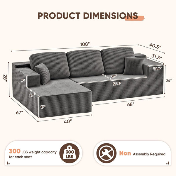 108" Modular Sectional Sofa with L-Shaped Chaise, Upholstered Cloud Couch with Deep Seat, No Assembly Required for Living Room or Bedroom (Grey Corduroy)