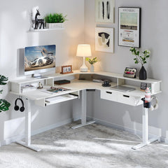 60 Inches L Shaped Electric Standing Desk, Height Adjustable Corner Gaming Desk with Drawers, Keyboard Tray, Power Outlets & LED Lights, Computer Desk with Monitor Shelf, Antique White