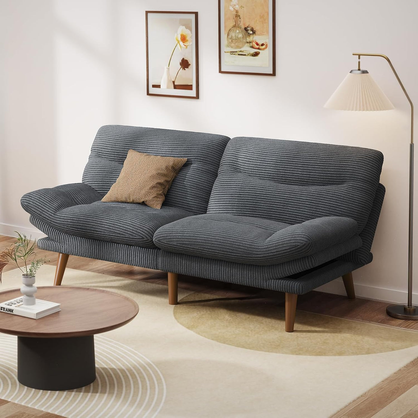 Convertible Futon Sofa Bed,66" Corduroy Futon Couch with Adjustable Backrest and Armrests, Recliner Sleeper Sofa for Small Spaces, Play Room or Office, Grey