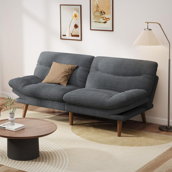 Convertible Futon Sofa Bed,66" Corduroy Futon Couch with Adjustable Backrest and Armrests, Recliner Sleeper Sofa for Small Spaces, Play Room or Office, Grey