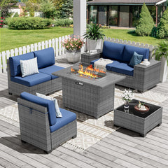 Patio Furniture Sets, 7 Pieces Outdoor Rattan Sectional Sofa Set with Glass Table and Cushions, Wicker Patio Conversation Set for Outdoor Indoor Backyard Lawn Garden Porch (Grey)
