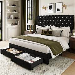 Full Size Bed Frame with 2 Storage Drawers, Upholstered Bed Frame with Adjustable Diamond Headboard, Velvet Modern Platform Bed Frame, No Box Spring Needed, Easy to Assemble, Beige