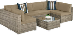 7-Piece Modular Outdoor Sectional Wicker Patio Conversation Set W/ 2 Pillows, Coffee Table, Cover Included - Gray/Cream