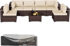 Patio Furniture Sets, 7 Pieces Outdoor Rattan Sectional Sofa Set with Glass Table and Cushions, Wicker Patio Conversation Set for Outdoor Indoor Backyard Lawn Garden Porch (Grey)