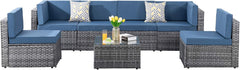 5 Pieces Outdoor Patio Sectional Sofa Couch, Silver Gray PE Wicker Furniture Conversation Sets with Washable Cushions & Glass Coffee Table for Garden, Poolside, Backyard (Aegean Blue)