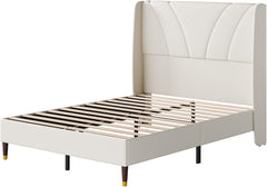Full Size Bed Frame with 51.2" Tall Curved Wingback Headboard, Linen Upholstered Platform Bed, Soft Fabric/Noise-Free/Wooden Slats Support/No Box Spring Needed/Easy Assembly, Beige
