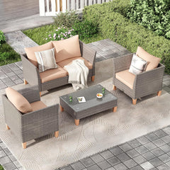 5-Piece Patio Furniture Set, Outdoor Furniture with Coffee Table, Loveseat & 2 Single Chairs, 4-Inch Thickened Cushions with Water/Oil/Stain-Resistant Fabric (Beige Cushion + Gray Wicker)