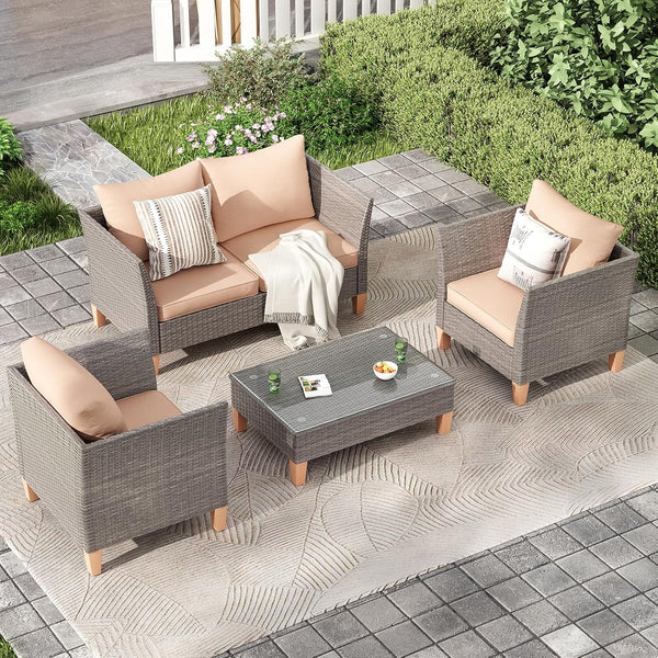 5-Piece Patio Furniture Set, Outdoor Furniture with Coffee Table, Loveseat & 2 Single Chairs, 4-Inch Thickened Cushions with Water/Oil/Stain-Resistant Fabric (Beige Cushion + Gray Wicker)