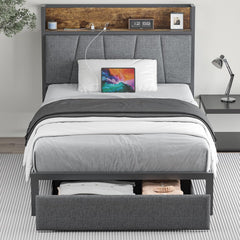 Queen Size Bed Frame with Headboard and Storage, Drawers Platform Bed Frame with Storage Chargin Station LED Light Bedframe, Heavy Duty, No Box Spring Needed