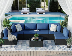 7 Piece Outdoor Patio Furniture Set, PE Rattan Conversation Sofa Set, Wicker Sectional Sofa Set with Cushions Couch Set & Coffee Table for Outside, Garden, Balcony, Light Blue
