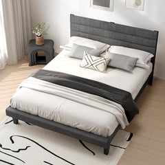 Platform Bed Frame Queen Size with Linen Fabric Headboard,Modern Panel Low Profile Bed with Upholstered & Sturdy Slats Support for Bedroom, Mattress Foundation, Dark Gray
