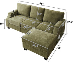 85" Sectional Couches with Storage Ottoman,L Shaped Couch with Armrest Organizer,3-Seater Sofa,Thick Cushions,Small Sofas for Living Room,Bedroom,Apartment,Chenille,Green