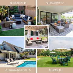 7 Pieces Patio Furniture Sets Outdoor All-Weather Sectional Patio Sofa Set PE Rattan Manual Weaving Wicker Patio Conversation Set with Glass Table&Ottoman Cushion and Red Pillows, Beige