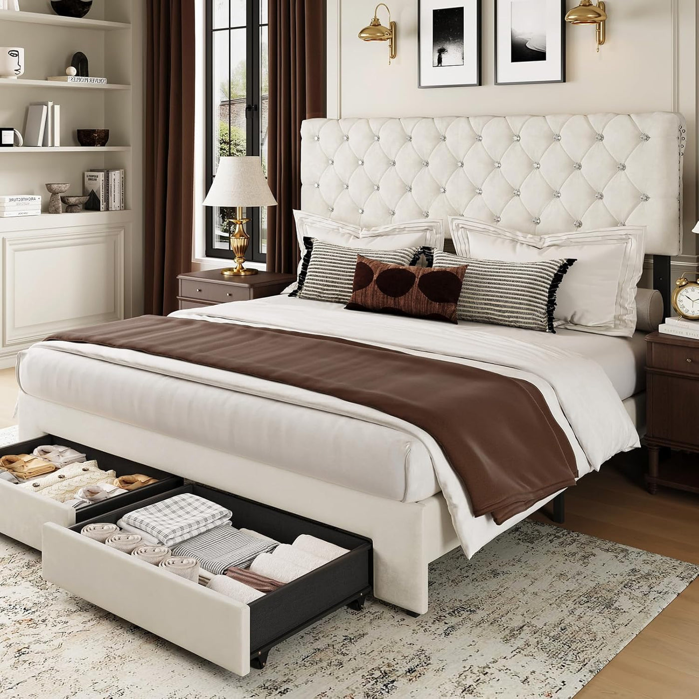Full Size Bed Frame with 2 Storage Drawers, Upholstered Bed Frame with Adjustable Diamond Headboard, Velvet Modern Platform Bed Frame, No Box Spring Needed, Easy to Assemble, Beige