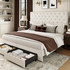Full Size Bed Frame with 2 Storage Drawers, Upholstered Bed Frame with Adjustable Diamond Headboard, Velvet Modern Platform Bed Frame, No Box Spring Needed, Easy to Assemble, Beige