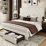 Full Size Bed Frame with 2 Storage Drawers, Upholstered Bed Frame with Adjustable Diamond Headboard, Velvet Modern Platform Bed Frame, No Box Spring Needed, Easy to Assemble, Beige