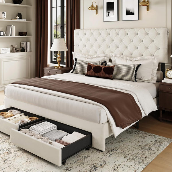 Full Size Bed Frame with 2 Storage Drawers, Upholstered Bed Frame with Adjustable Diamond Headboard, Velvet Modern Platform Bed Frame, No Box Spring Needed, Easy to Assemble, Beige
