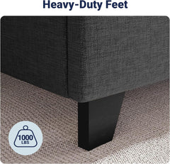 Queen Size Platform Bed Frame with Wingback, Fabric Upholstered Square Stitched Headboard and Wooden Slats, Mattress Foundation, Box Spring Optional, Easy Assembly, Dark Grey