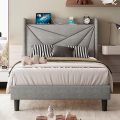 Full Size Bed Frame with Charging Station, Linen Platform Bed Frame with Wingback Headboard Upholstered Bedframe, Solid Wood Slats Support, No Box Spring Needed, Easy Assembly, Dark Grey