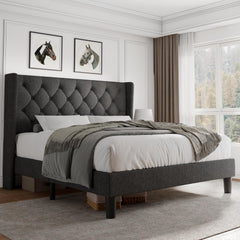 Queen Size Platform Bed Frame with Button Tufted Headboard, Upholstered Bed Frame with Solid Wooden Slats, 8" Underbed Space, No Box Spring Needed, Noise Free, Easy Assembly, Black