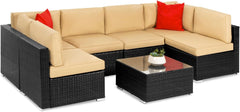 7-Piece Modular Outdoor Sectional Wicker Patio Conversation Set W/ 2 Pillows, Coffee Table, Cover Included - Gray/Cream