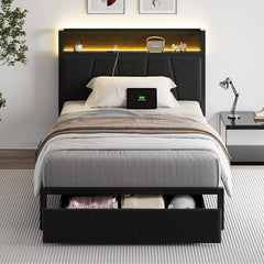 Queen Size Bed Frame with Headboard and Storage, Drawers Platform Bed Frame with Storage Chargin Station LED Light Bedframe, Heavy Duty, No Box Spring Needed