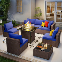 7 Piece Outdoor Patio Furniture Set, Outdoor Sectional Furniture, Rattan & Wicker Modern Modular Conversation Set Sofa Couch W/Water Resistant Washable Thick Cushions and Coffee Table, Coffee/Beige