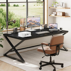 Large Black Computer Desk, 70.8” Long Writing Desk for Home Office, Modern Simple Executive Work Study Desk for Two Person, Wood Double PC Gaming Workstation Computer Table for Bedroom, Black Oak