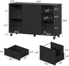 3 Drawer Wood Lateral File Cabinet with Lock, Rolling Mobile Filing Cabinet with Open Storage Shelves, Printer Stand Office Storage Cabinet for Home Office Fits Files Legal/A4 Size, Black