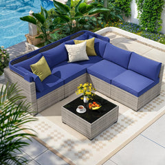 7 Piece Outdoor Patio Furniture Set, Outdoor Sectional Furniture, Rattan & Wicker Modern Modular Conversation Set Sofa Couch W/Water Resistant Washable Thick Cushions and Coffee Table, Coffee/Beige