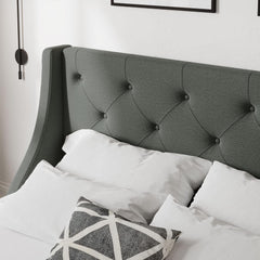 Queen Bed Frame with 4 Storage Drawers and Wingback Headboard, Button Tufted Design, No Box Spring Needed, Dark Grey