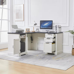 55” Farmhouse L Shaped Desk with Charging Station,Executive L Shaped Desk with Lockable Drawers and Storage Cabinet & Adjustable File Cabinet,White Corner Desk for Home Office