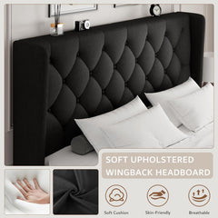 Queen Size Platform Bed Frame with Button Tufted Headboard, Upholstered Bed Frame with Solid Wooden Slats, 8" Underbed Space, No Box Spring Needed, Noise Free, Easy Assembly, Black