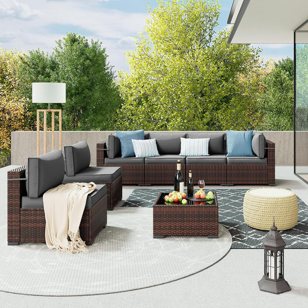Patio Furniture Sets, 7 Pieces Outdoor Rattan Sectional Sofa Set with Glass Table and Cushions, Wicker Patio Conversation Set for Outdoor Indoor Backyard Lawn Garden Porch (Grey)