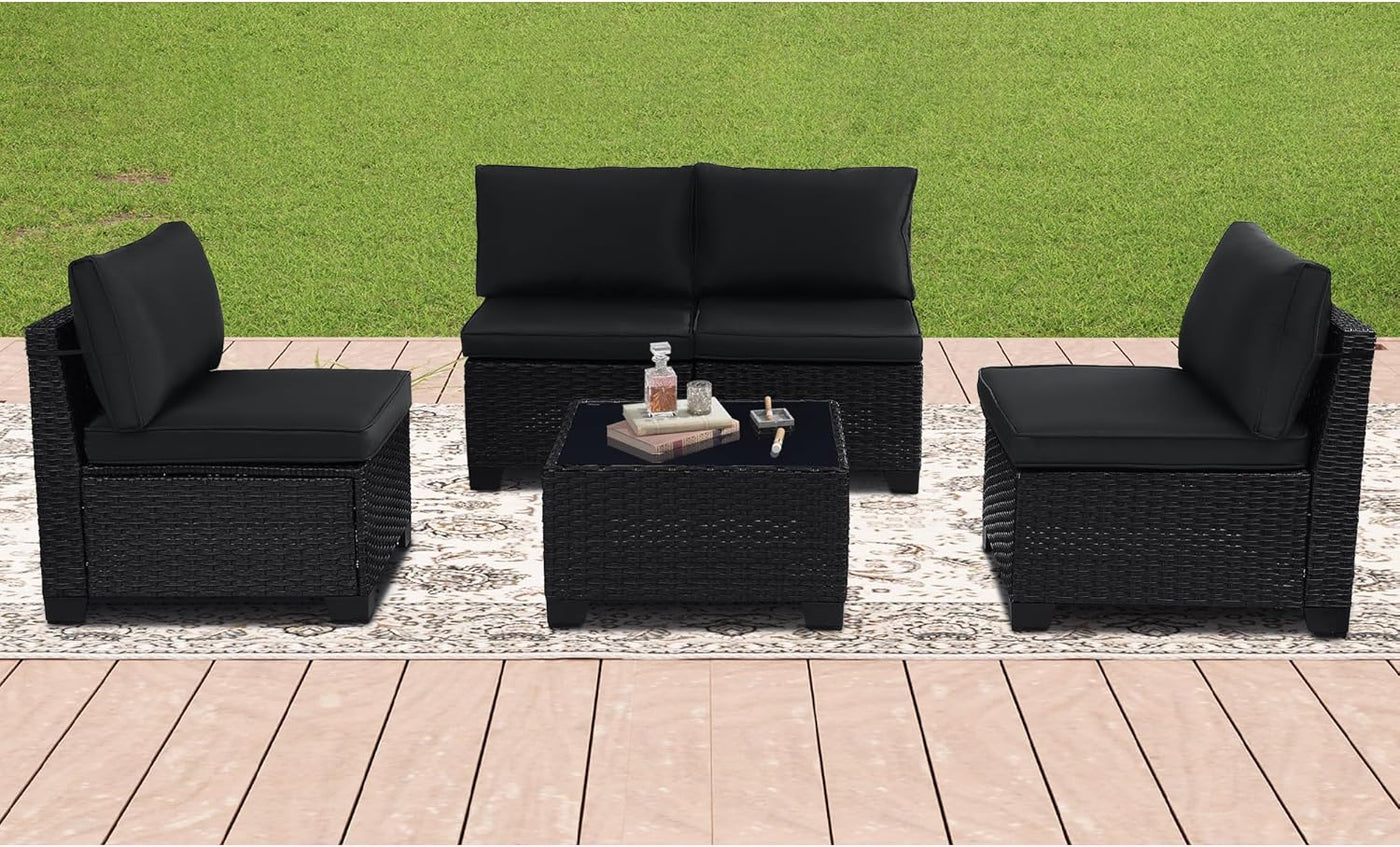 5 Pieces Patio Furniture Sets, Outdoor Furniture Patio Conversation Set, All Weather PE Rattan Sectional Sofa with Cushions and Glass Table (5 Pieces-S, Black-Black)