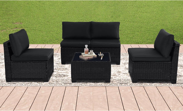 5 Pieces Patio Furniture Sets, Outdoor Furniture Patio Conversation Set, All Weather PE Rattan Sectional Sofa with Cushions and Glass Table (5 Pieces-S, Black-Black)