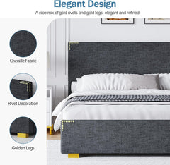 Queen Bed Frame, Queen Size Bed Frame with Headboard and Footboard, Chenille Fabric Upholstered Bed Frame, Gold-Colored Support Feet, Strong Wooden Slats, No Box Spring Needed, Easy Assembly, Black