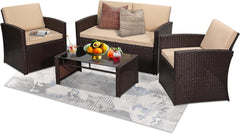 6-Piece Outdoor Patio Furniture Set - Sectional Sofa, Dining Table & Chairs Included, All-Weather Dining Set with Ottoman, Grey Wicker and Grey Cushions