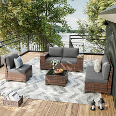 Patio Furniture Set, 8 Inch Armrest Outdoor Sectional Sofa, 6 Piece Wicker Outdoor Furniture Conversation Sets with Waterproof Cover and Coffee Table for Backyard Deck(Brown/Dark Grey)