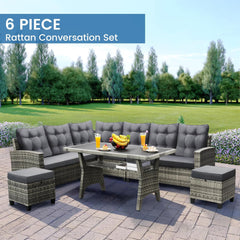 6-Piece Outdoor Patio Furniture Set - Sectional Sofa, Dining Table & Chairs Included, All-Weather Dining Set with Ottoman, Grey Wicker and Grey Cushions